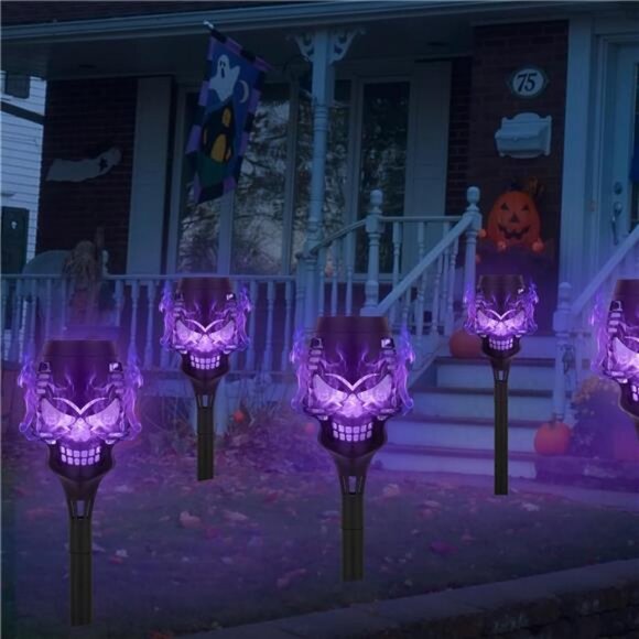 Solar Halloween Decorations Outdoor, 8 Pack Spooky Skulls Solar Torch Flame - Picture 2 of 7